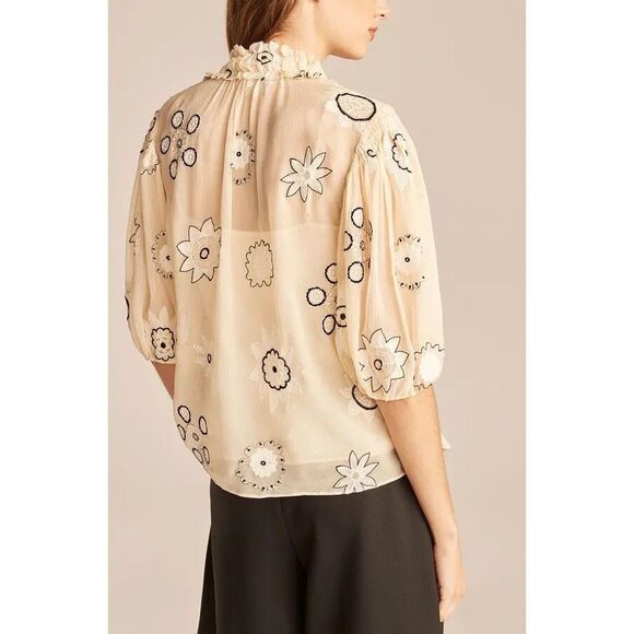 NWT Rebecca Taylor Parasol Embroidered Bow Blouse in Neutral | S - Picture 2 of 12